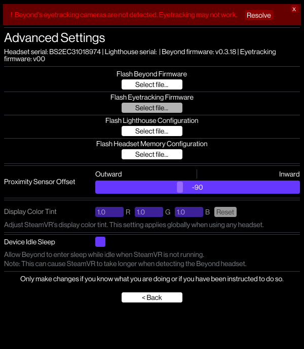The advanced settings page, showing various details about the headset, various flashing options, and a few additional settings